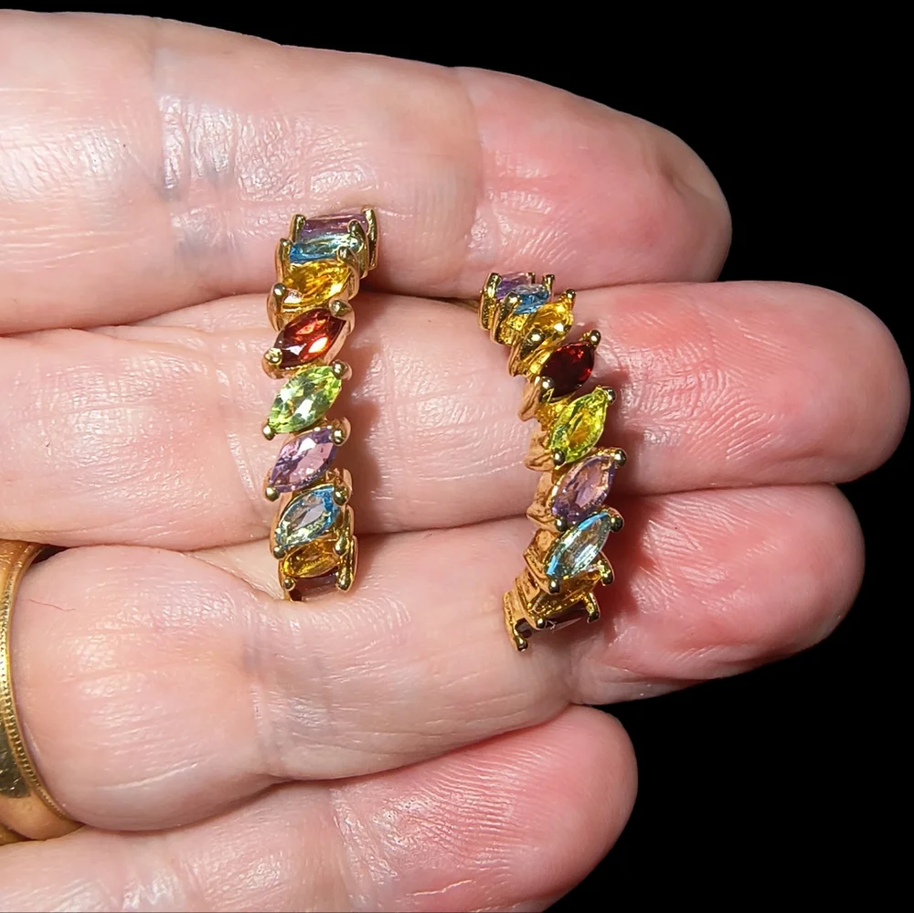 Multi Gemstone & 18K Gold Vermeil Sterling Silver Half Hoop Earrings Brand New